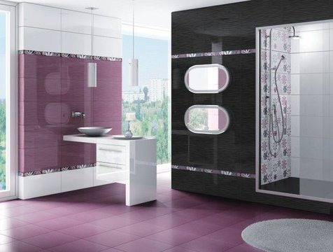 an elegant minimal bathroom in purple, white and black, patterned tiles and a catchy vanity