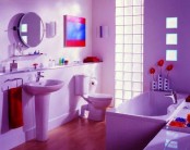 a colorful purple and red bathroom for those who love bright colors and mixes of bright flashes
