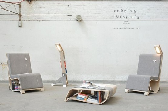 Chair, Table and Lamp With Built-In Book Storage