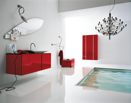 a neutral minimalist bathroom completed with red furniture, a statement chandelier, a minimalist yet catchy mirror