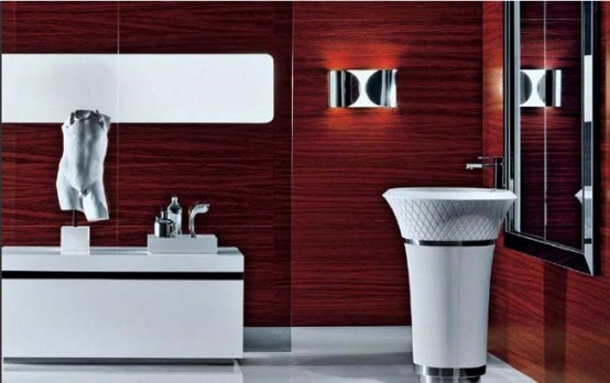 an exquisite burgundy bathroom with metallic touches and white appliances is a refined and chic space