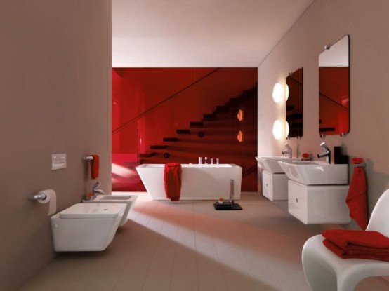 a red and white bathroom in contemporary style, with a statement red wall and red textiles and all white everything