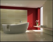 a neutral bathroom with a statement red wall that brings in color and life to the space