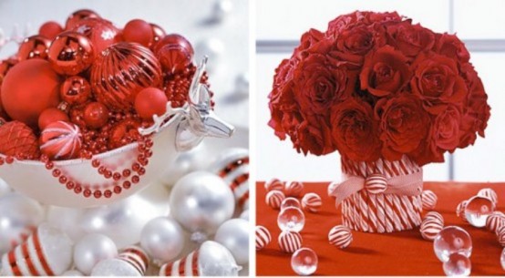 red and white Christmas centerpiece of blooms, ornaments, beads and candy canes will be a nice solution for any Christmas tablescape