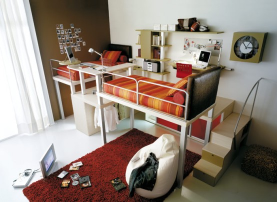 red teenage loft bedroom