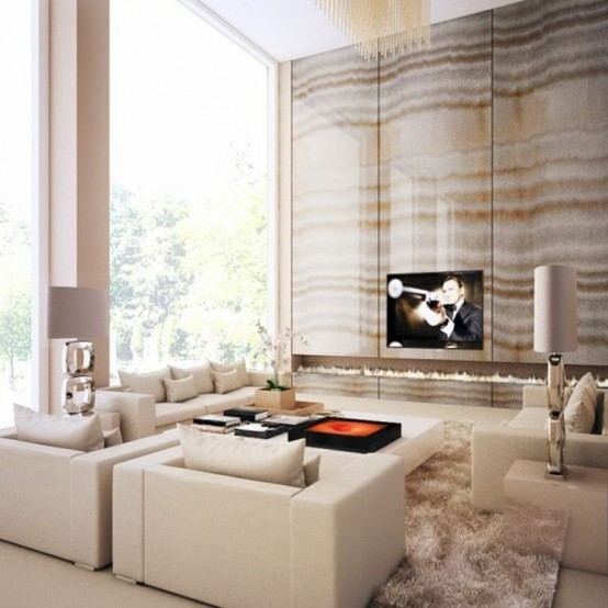 a luxurious neutral living room with a glazed wall, an onyx accent wall clad that is a statement here, neutral seating furniture