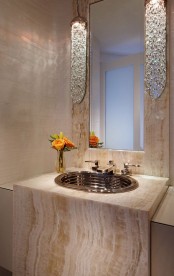 a neutral bathroom with an onyx sink and top over it is a gorgeous idea for a contemporary bathroom, it looks perfect in a glam space