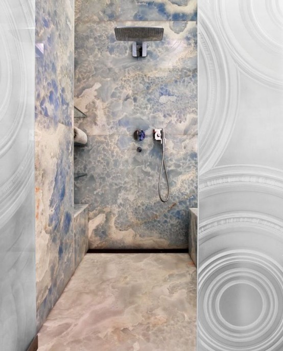 a lovely shower space clad with grey and blue onyx is a gorgeous idea for a luxurious bathroom, stone is always great