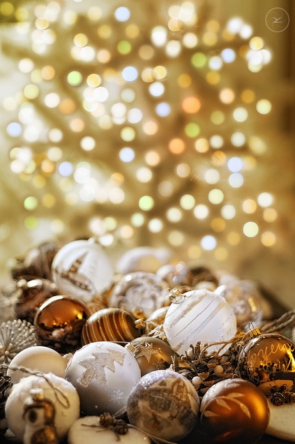 shiny and chic gold and white printed Christmas ornaments, evergreens and berries make the space super chic and stylish