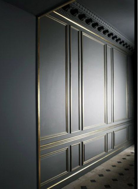 grey walls with gold molding is a very cool and fresh idea for a refined space in contemporary or some other style, it's pure chic