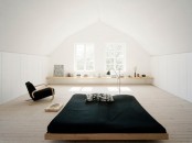 a minimalist zen bedroom with plenty of natural light, a wooden bed and a chair, a storage unit by the window is very beautiful