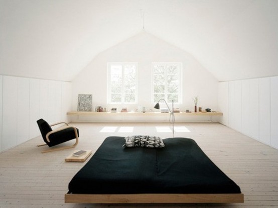 a minimalist zen bedroom with plenty of natural light, a wooden bed and a chair, a storage unit by the window is very beautiful