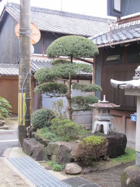 algunas rocas, árboles cortados tradicionales japoneses, una linterna japonesa de piedra, arbustos y vegetación para una apariencia encantadora y elegante