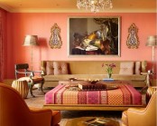 a super colorful Moroccan living room with a bold pattern ottoman for an accent