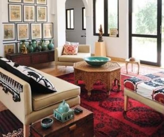 a neutral Moroccan living room with bright textiles and lanterns plus many accessories