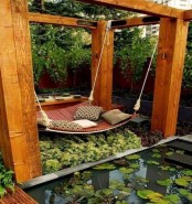 a zen garden area with a hanging bed