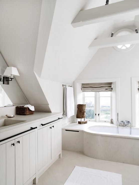 a vintage-inspired Scandinavian bathroom with a large vanity, wooden beams and a tub clad with tiles