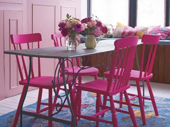 Romantic Dining Area With Pink Chairs