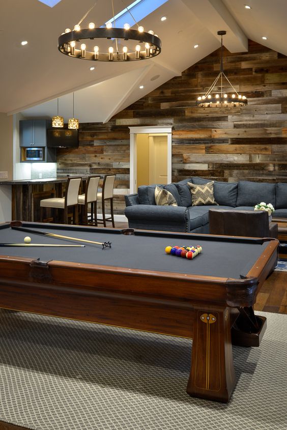 rustic basement pool room