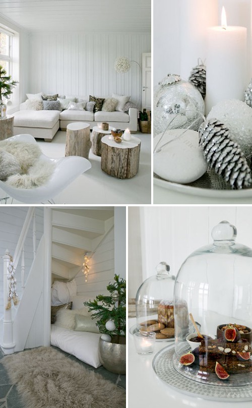 a neutral Scandinavian room with faux fur, pinecones, ornaments and tree stump tables in the center of the room