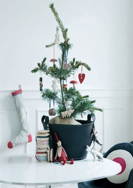 a Scandinavian Christmas tree in a pot with vintage red and white ornaments,
