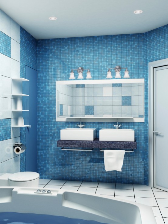 a minimalist blue mosaic tile bathroom with a stone vanity, white furniture and a modern tub