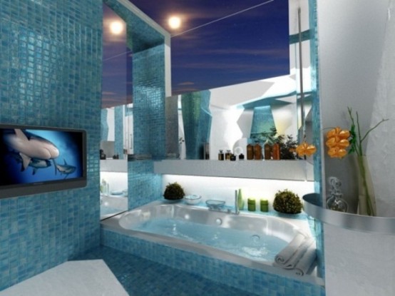 a turquoise sea-inspired bathroom with mosaic tiles, mirrors, touches of white and a TV