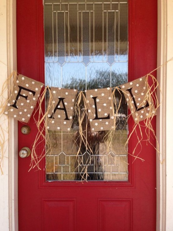 a burlap polka dot banner with stenciled letters and threads is a great idea for the fall and Thanksgiving