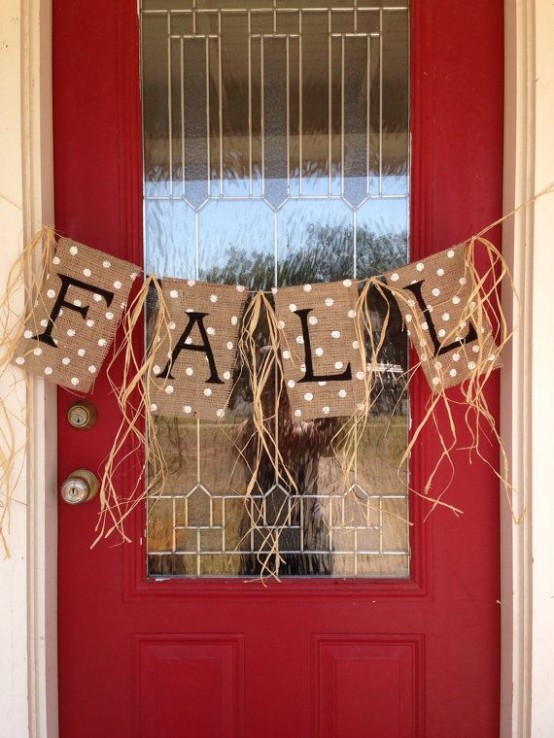 a burlap polka dot banner with stenciled letters and threads is a great idea for the fall and Thanksgiving
