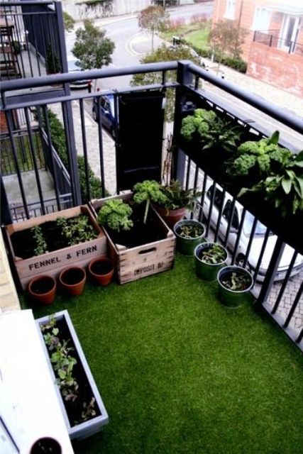 make your small balcony feel like a garden with a faux grass rug, potted greenery all around