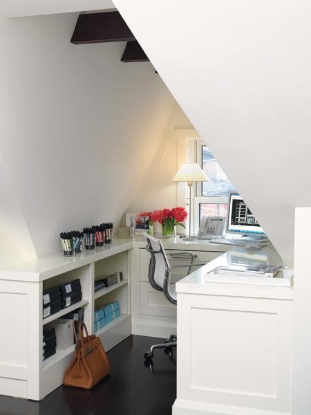 A small dormer office with built-in cabinets is definitely a way to use every once of space.