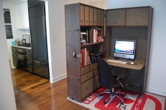 A foldable storage unit could become a fully functional home office when necessary.