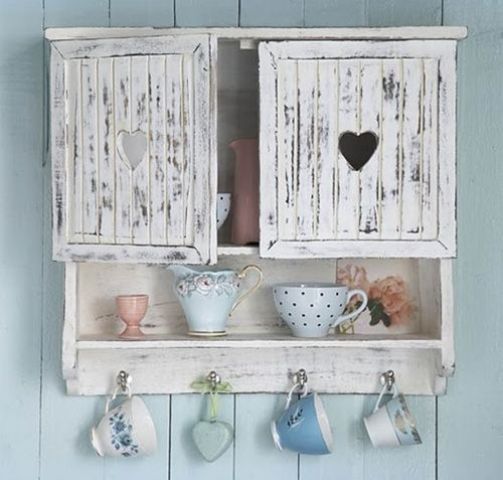 a vintage planked whitewashed cabinet with a closed and an open shelf is a lovely idea for a shabby chic kitchen and won't take much space