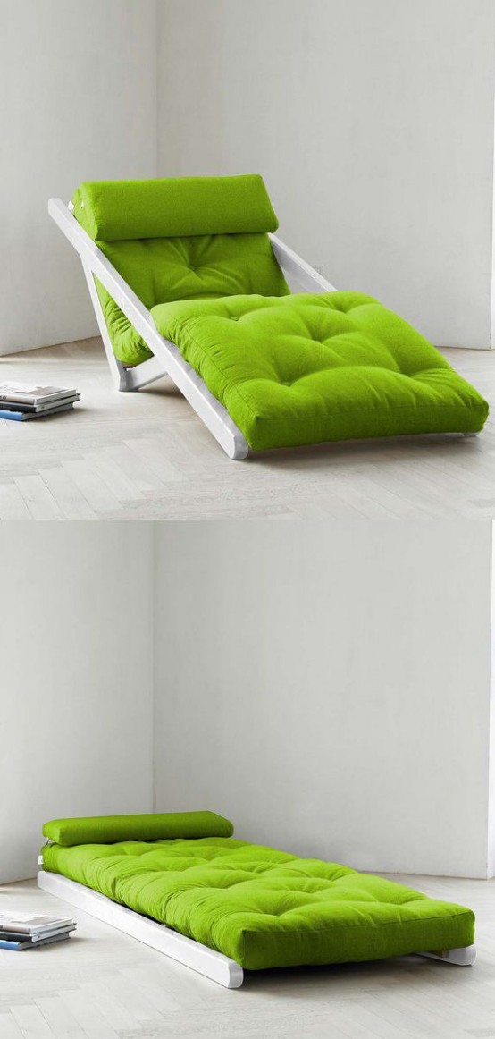 a neon green lounger can be transformed into a daybed or back depending on what piece of furniture you need right now