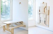 a whole plywood dining set can be attached to the wall when not in need – a great idea for a small space