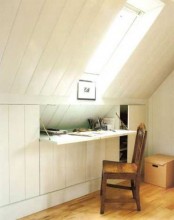 a small white desk built into an attic slant of the space under the skylight is a cool idea