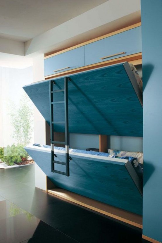 blue Murphy's beds with a ladder are a cool option for a small kids' room or guest bedroom