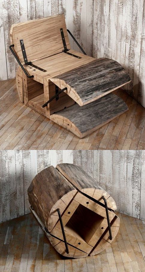 a creative lounger of wood pieces that can be folded into a tree stump is a nice piece for a rustic space