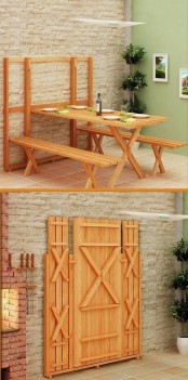 a rustic foldable dining set with a table and benches is a comfortable set for a small dining space or kitchen