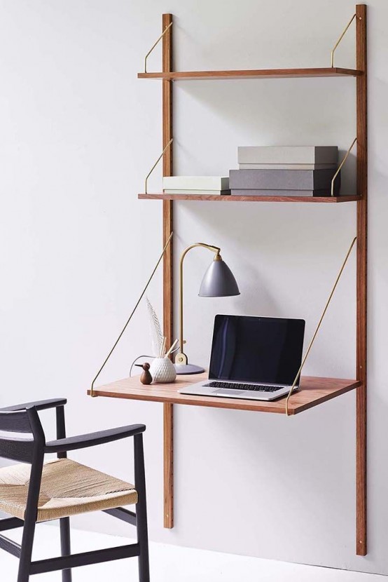 a wall -mounted shelving unit with a foldable desk is a nice option for a small space