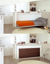 a Murphy’s bed built into a desk is a great idea to hide a bed when not needed, and have a comfy desk at the same time