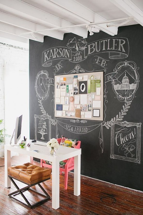 a farmhouse home office space with a chalkboard accent wall, a white desk, a leather stool, a pink chair and some lamps