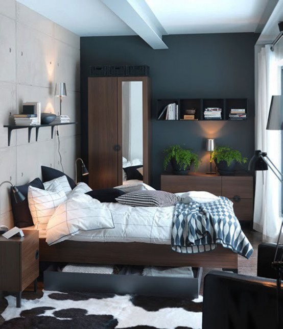 a catchy modern bedroom with a graphite grey wall, a concrete wall, stylish furniture, potted greenery and a large window