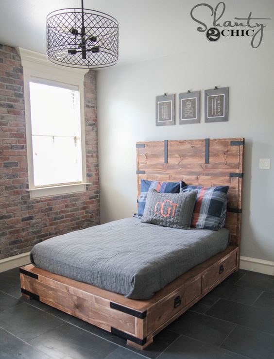 a rustic stained wooden bed with drawers in the sides is a nice piece for a rustic bedroom and it will give you much storage space