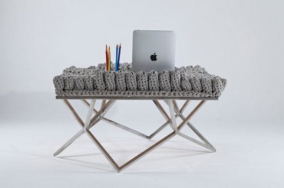 a cool crochet desk with lots of crochet elements on the desktop that can hold your things is a perfect item for a creative person