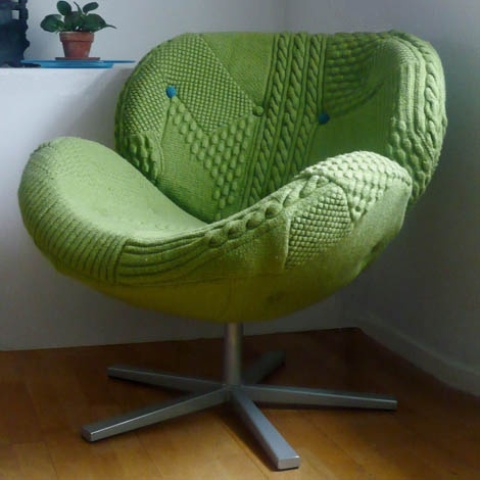 a comfy chair finished with a green crochet cover is a lovely and bright piece of furniture to go for