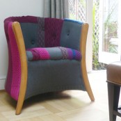 a bold chair with purple and blue crocheting integrated into its upholstery is a creative way to give a new life to an old piece of chair