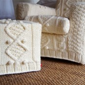 a white knit chair and footrest cover will cozy up your furniture for the fall and make it very inviting for you