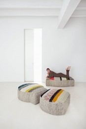 cozy crochet colorful pieces shaped as fish and other stuff are nice as daybeds, seats or ottomans