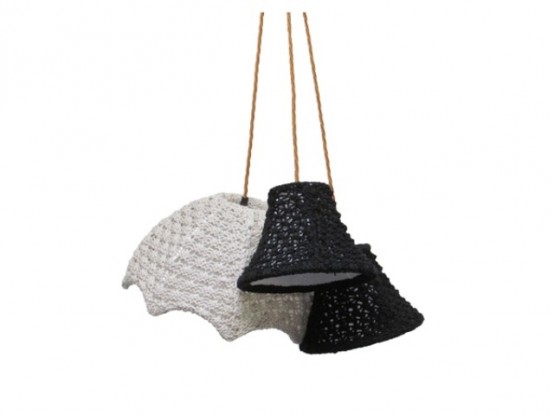 pendant lamps with various crochet lampshades will cozy up your space and make it wintry